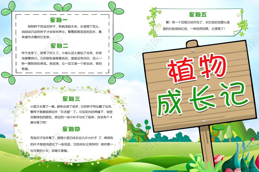 绿色卡通简约植物成长记植物小报手抄报word模板植物小报小报手抄报