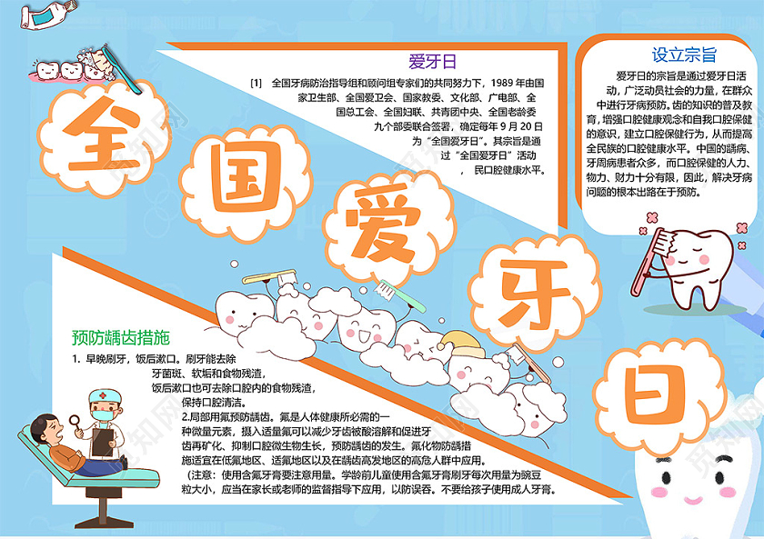 卡通全国爱牙日预防龋齿措施爱牙日口腔健康牙病小报
