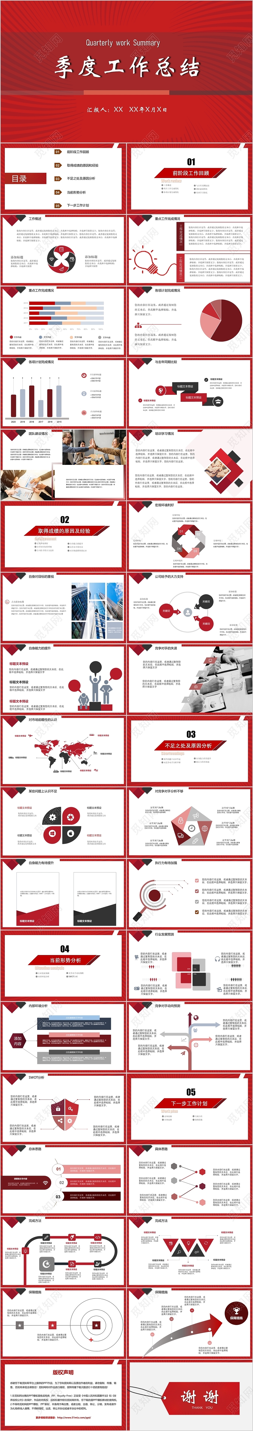 红色简约季度工作总结与计划ppt模板
