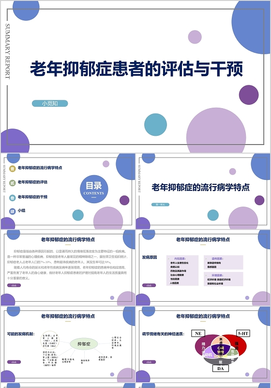 蓝色紫色简洁圆点风老年抑郁症评估与干预PPT模板抑郁症ppt
