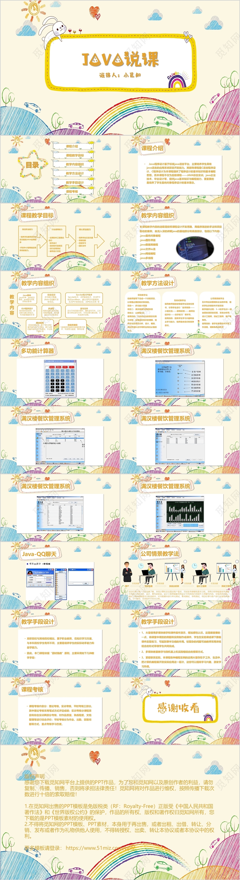 黄色卡通系列小清新风格Java说课教学内容组织PPT模板javappt
