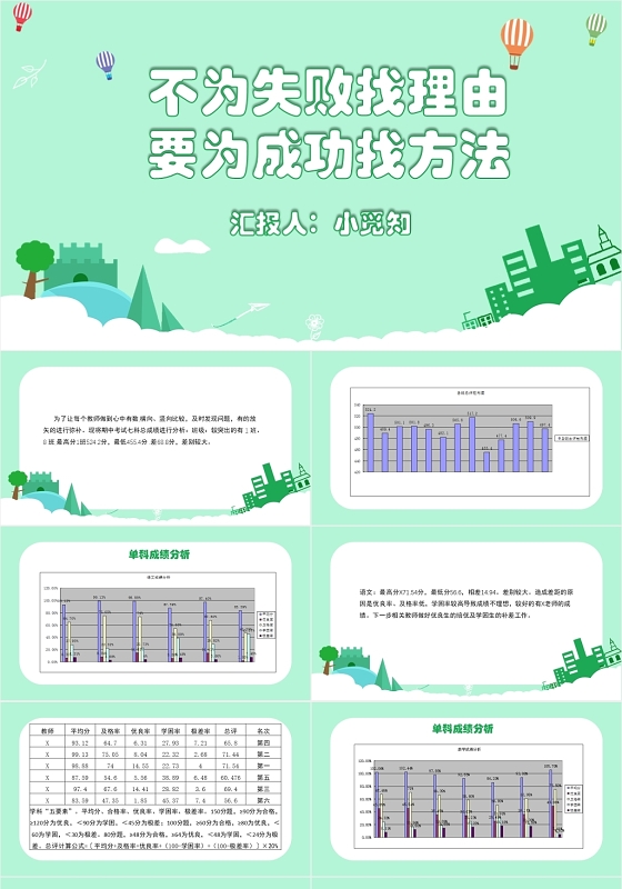 绿色卡通简洁风为成功找方法成绩分析PPT模板成绩分析ppt