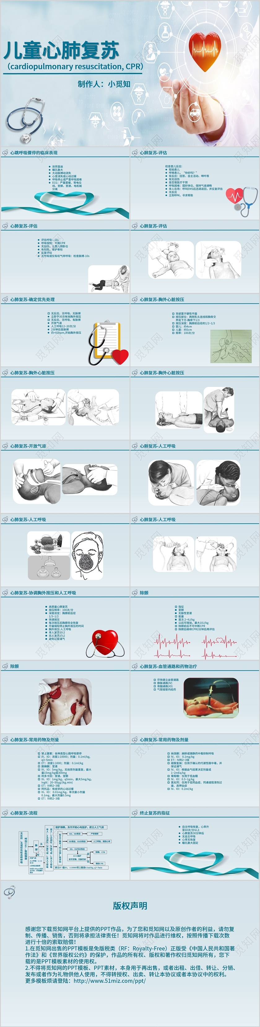 蓝色简约儿童心肺复苏临床评估医院课件PPT模板儿科护理查房