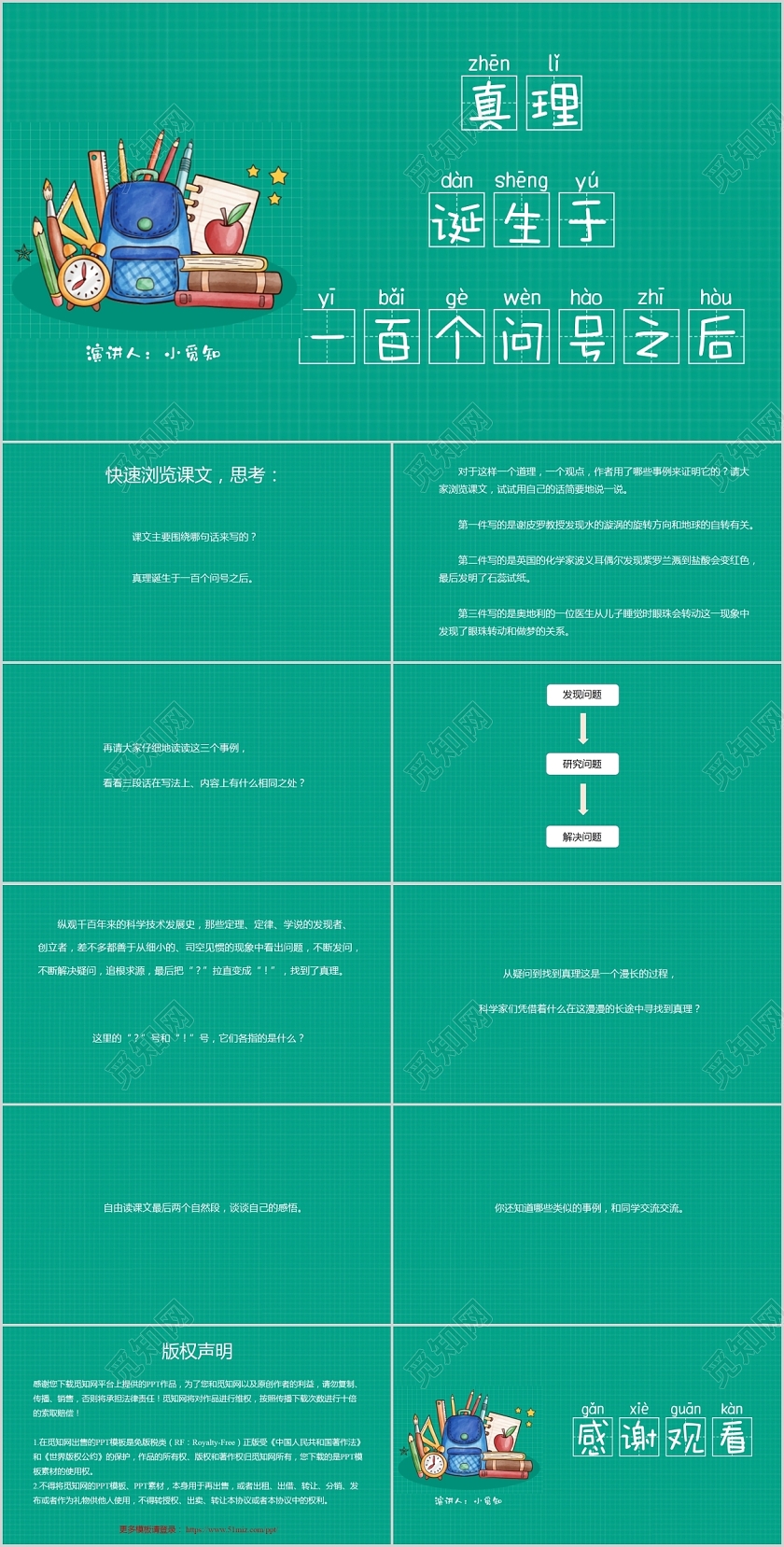绿色卡通风说课课件真理诞生于一百个问号之后PPT模板问号问号ppt