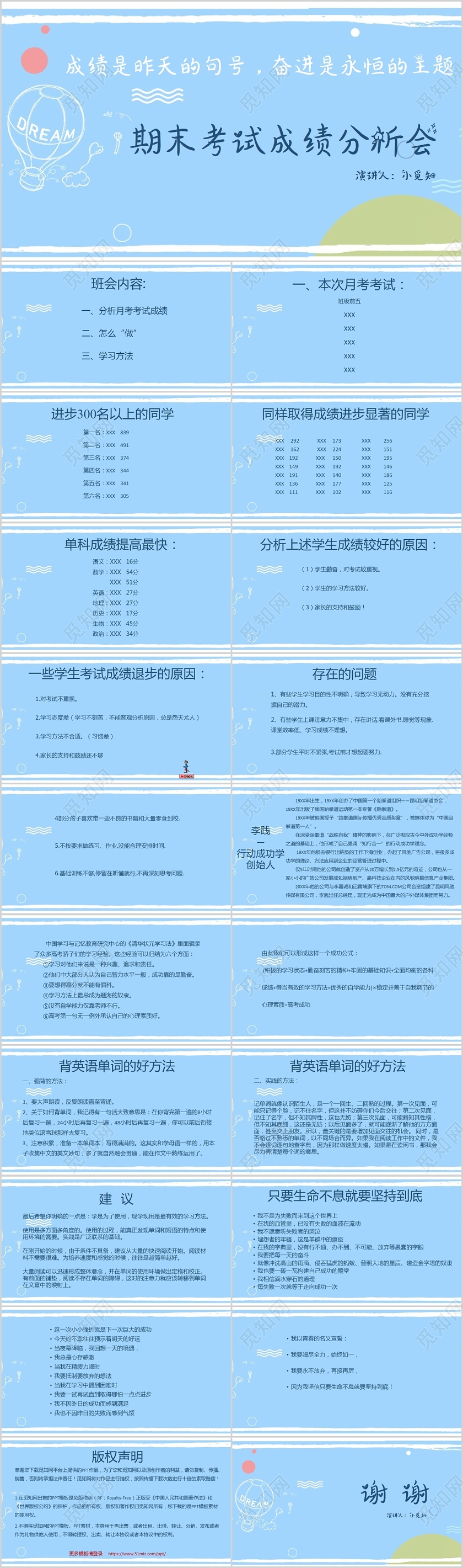 蓝色卡通风主题班会期末考试成绩分析会PPT模板成绩分析ppt