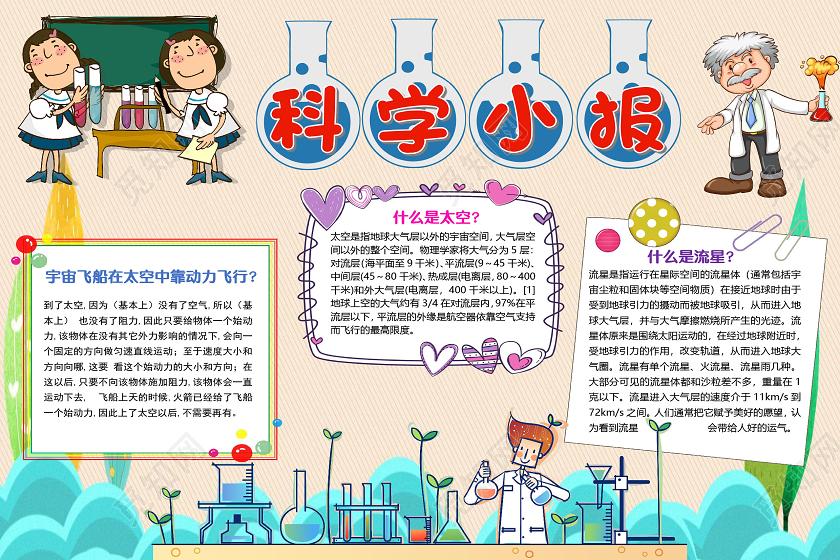 粉色卡通简约儿童科学化学小报手抄报word模板