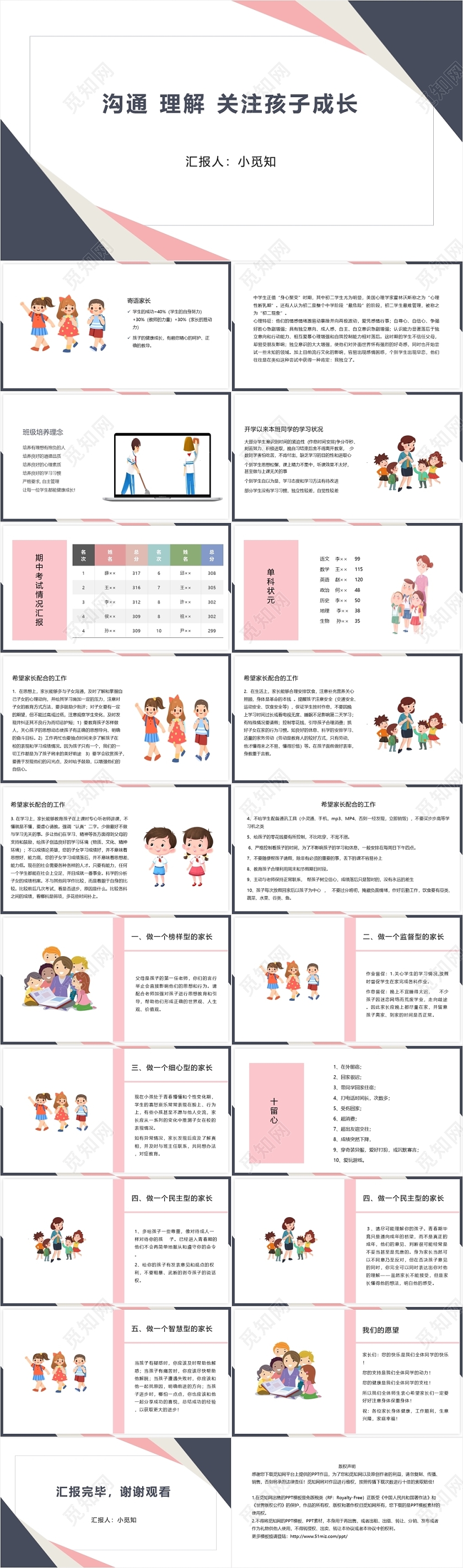 粉色简约风沟通理解关注孩子健康成长成绩分析PPT模板成绩分析ppt