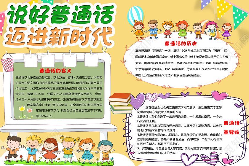 黄色卡通说好普通话迈进新时代小报手抄报word模板