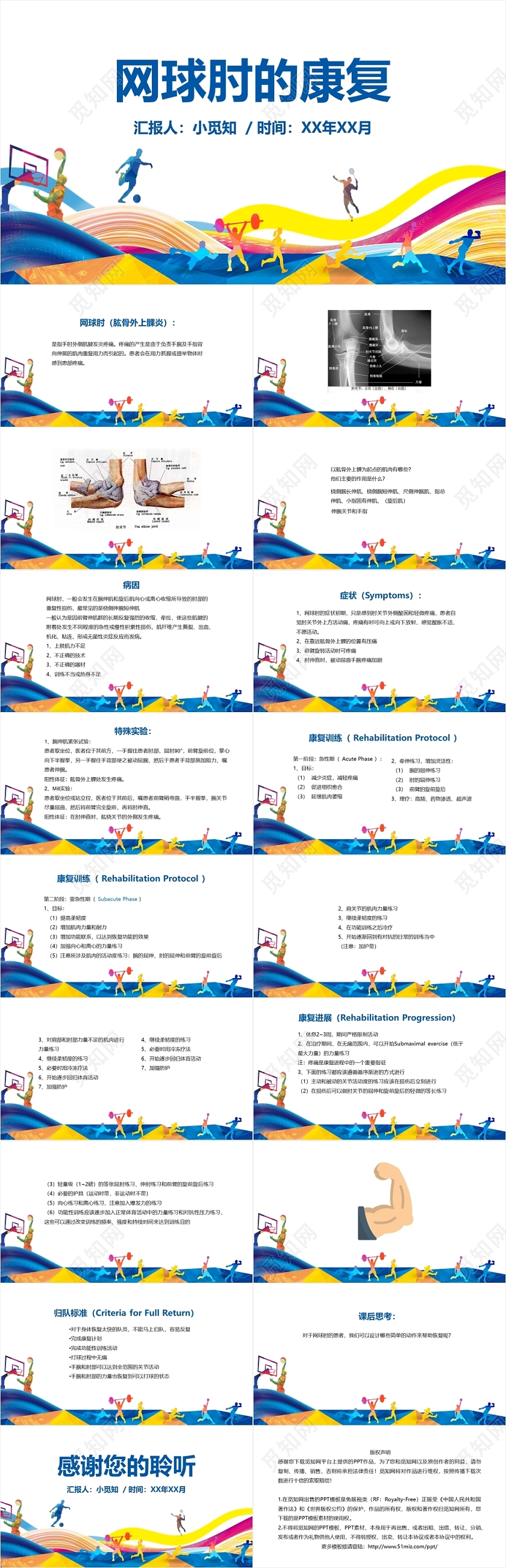 蓝色简约风网球肘的康复体育知识课件网球PPT模板