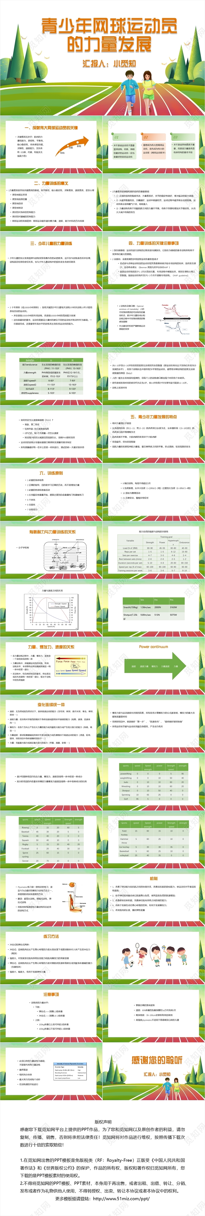 绿色卡通简约风青少年网球运动员的力量发展网球PPT模板