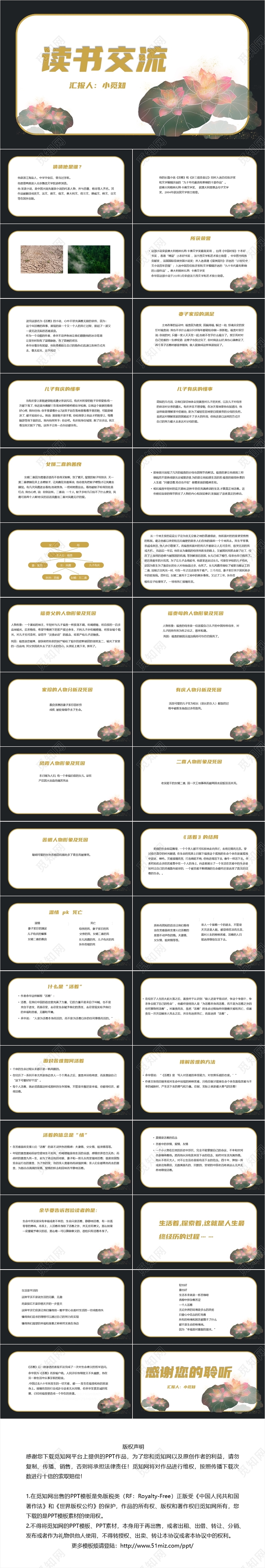 黑色手绘简约风读书交流好书阅读赏析活着PPT模板活着ppt