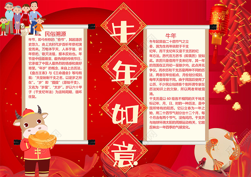喜庆牛年如意春节立春生肖团圆新年小报