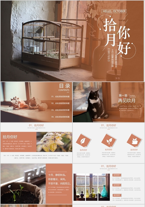 黄色简洁风格十月你好秋季主题拾月秋暮PPT模板