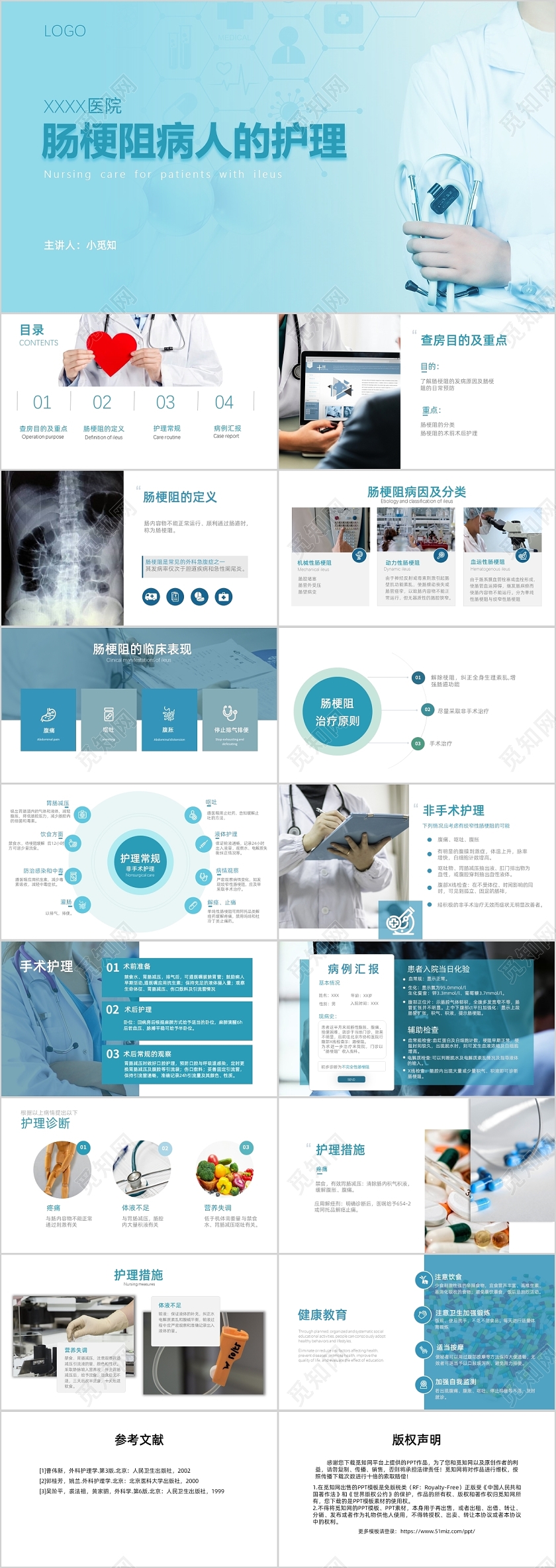 蓝色医疗风病人护理医院查房PPT模板