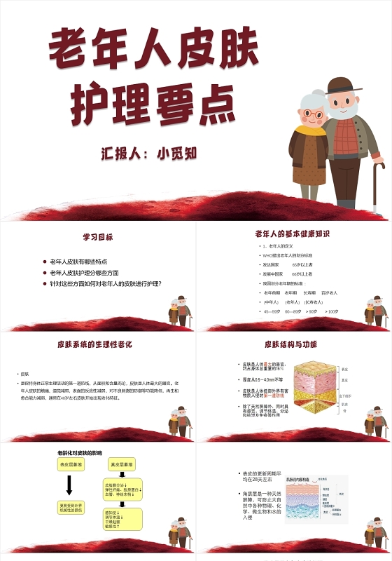 红色简约风老年人皮肤护理要点皮肤科护理查房PPT模板
