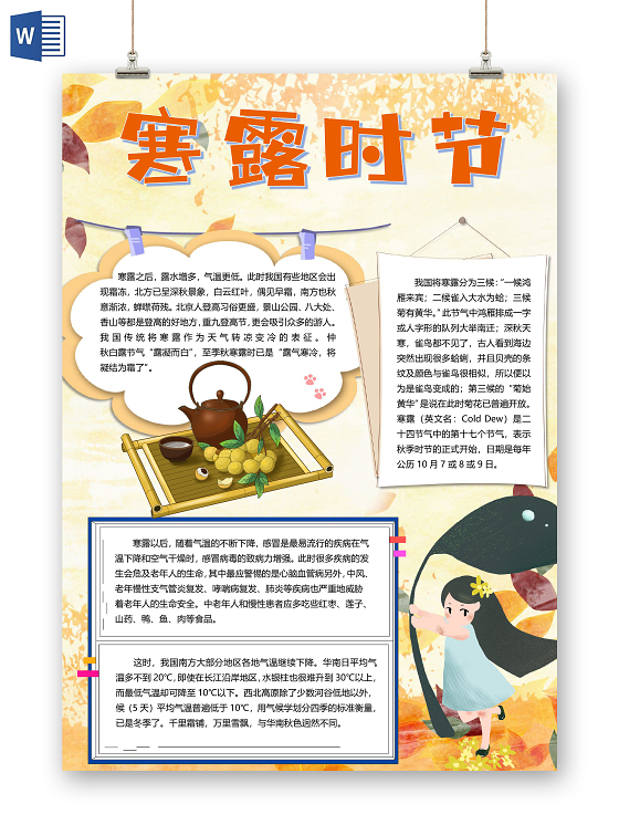 卡通二十四节气寒露节气食物棉絮秋季气候特征小报