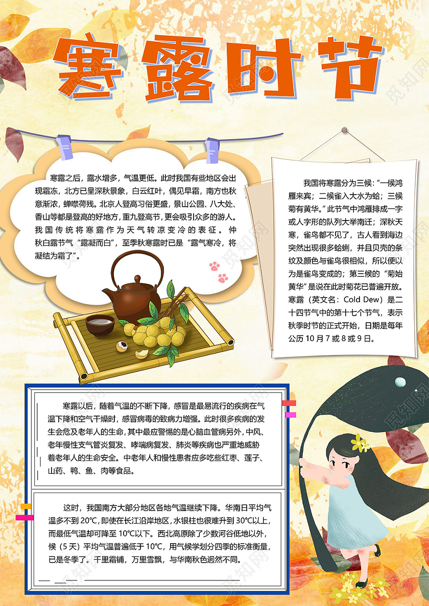 卡通二十四节气寒露节气食物棉絮秋季气候特征小报