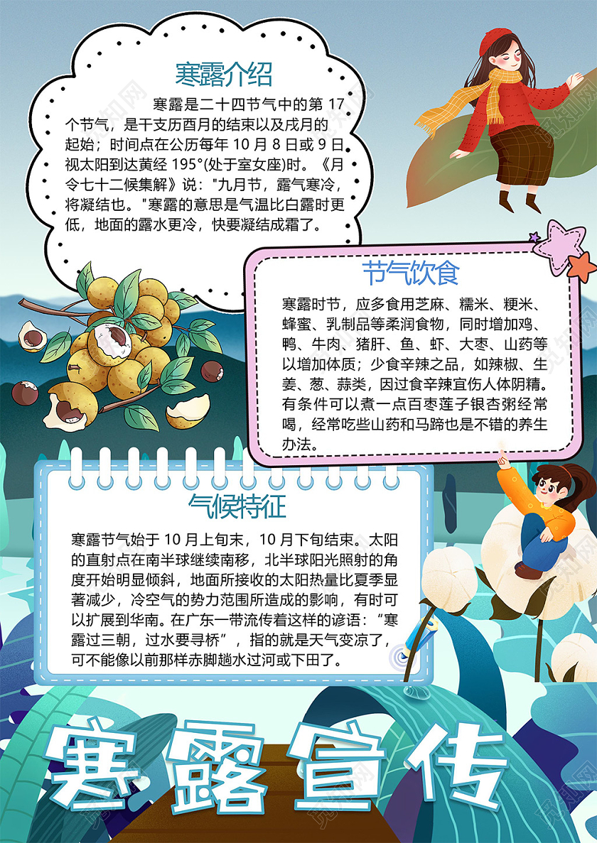 二十四节气寒露宣传节气饮食气候特征棉絮秋季糯米小报