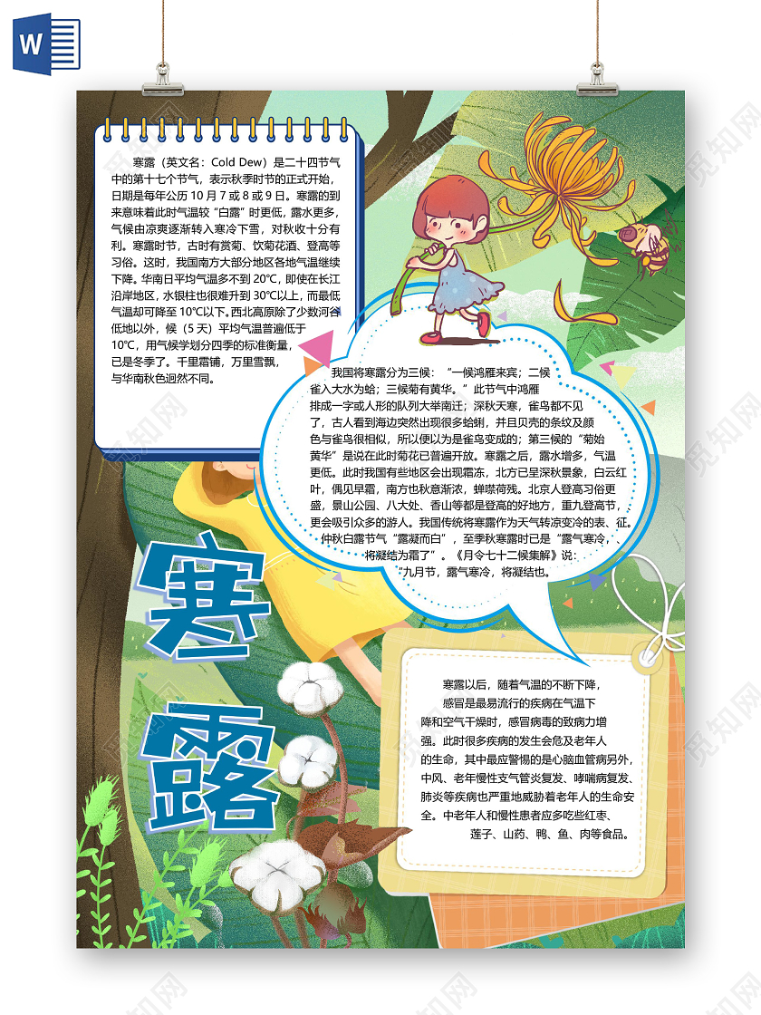 卡通二十四节气寒露秋季鸿雁秋菊登高莲子山药小报