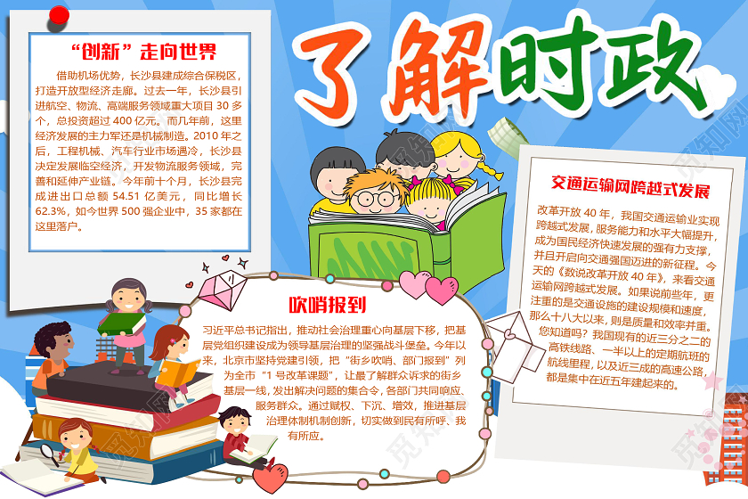 蓝色卡通学习了解时政新闻小报手抄报word模板