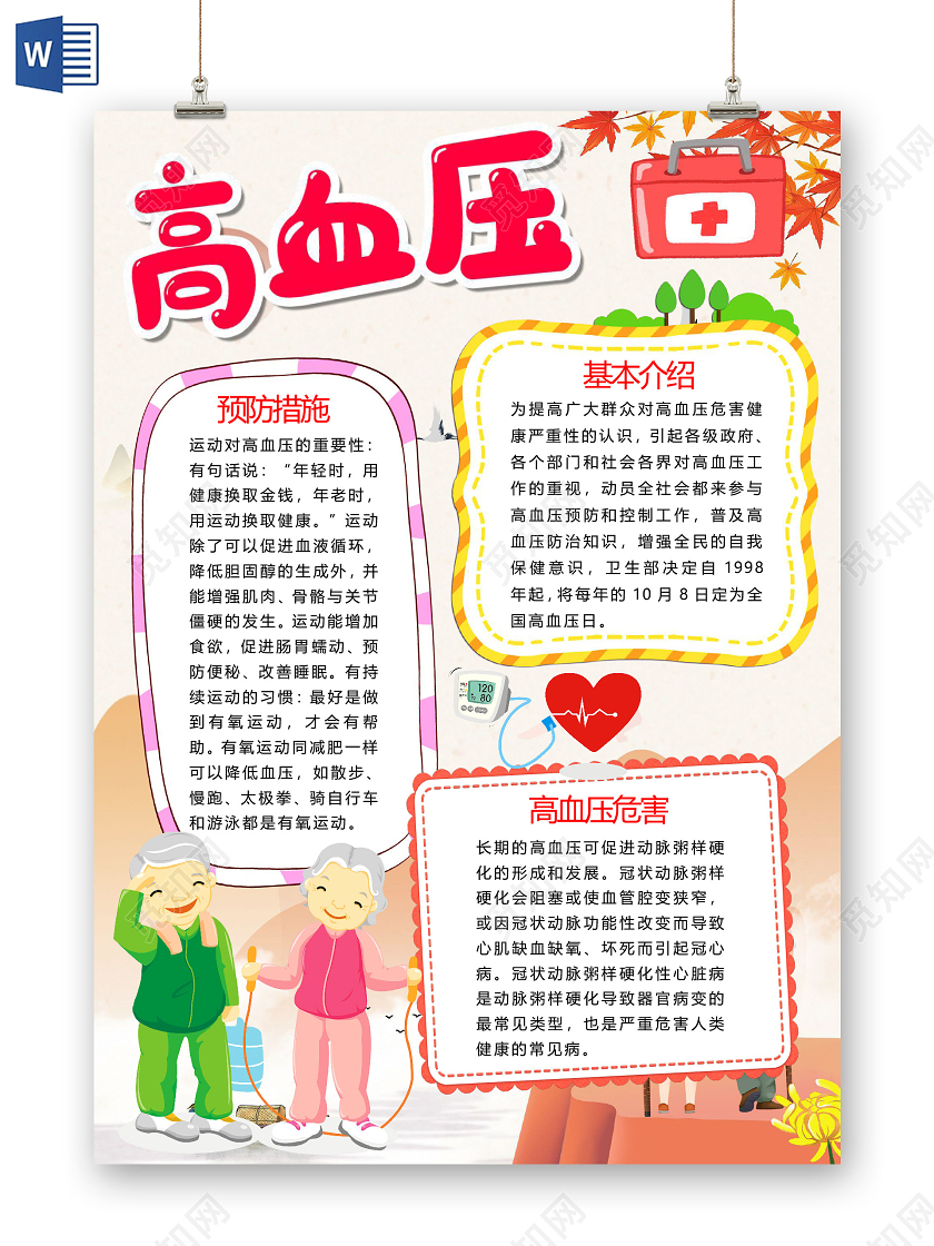 卡通高血压日常护理降血压健康正确饮食医生血压计小报