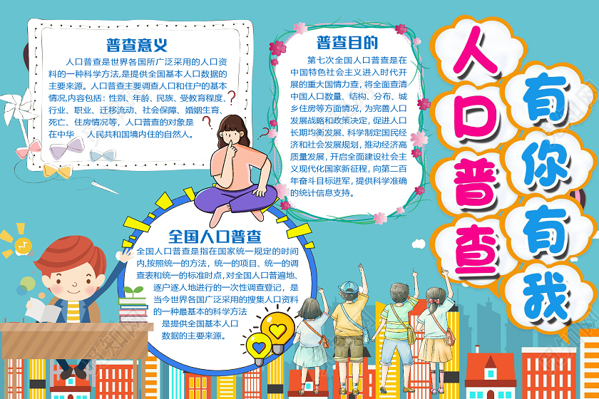 蓝色卡通人口普查有你有我小报手抄报word模板