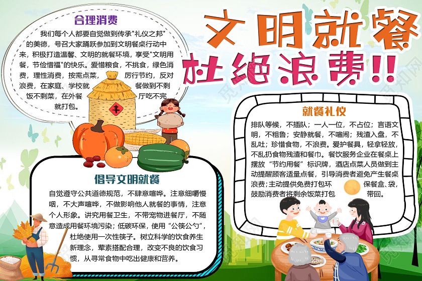 绿色卡通文明就餐杜绝浪费文明礼仪小报手抄报word模板文明礼仪手抄报小报