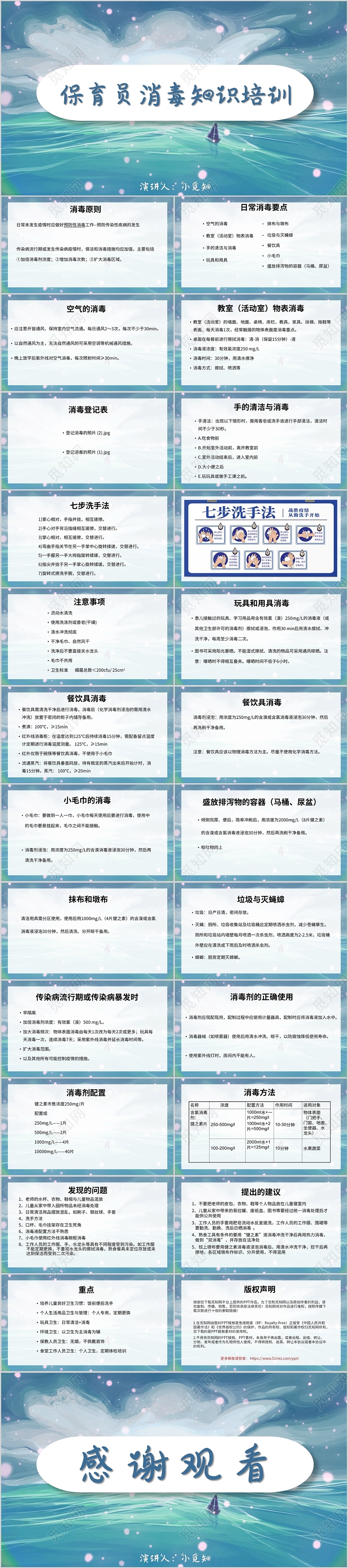 蓝色清新风说课课件幼儿园保育员消毒知识培训PPT模板