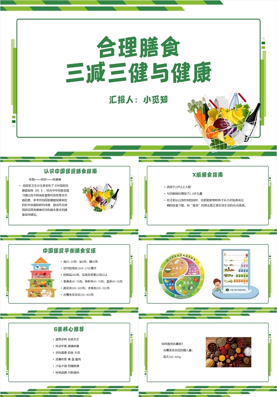绿色简约风合理膳食三减三健与健康三减三健PPT模板