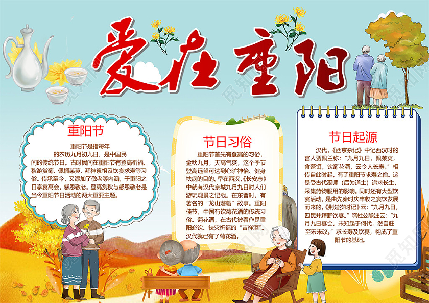 卡通爱在重阳节日习俗重阳节尊老敬老菊花酒小报