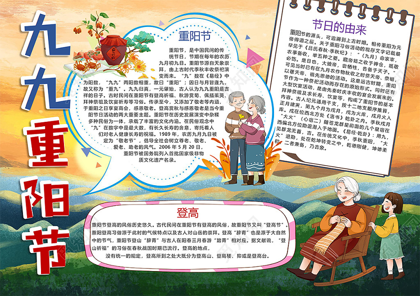 卡通九九重阳节登高菊花酒秋游赏菊茱萸祈福小报