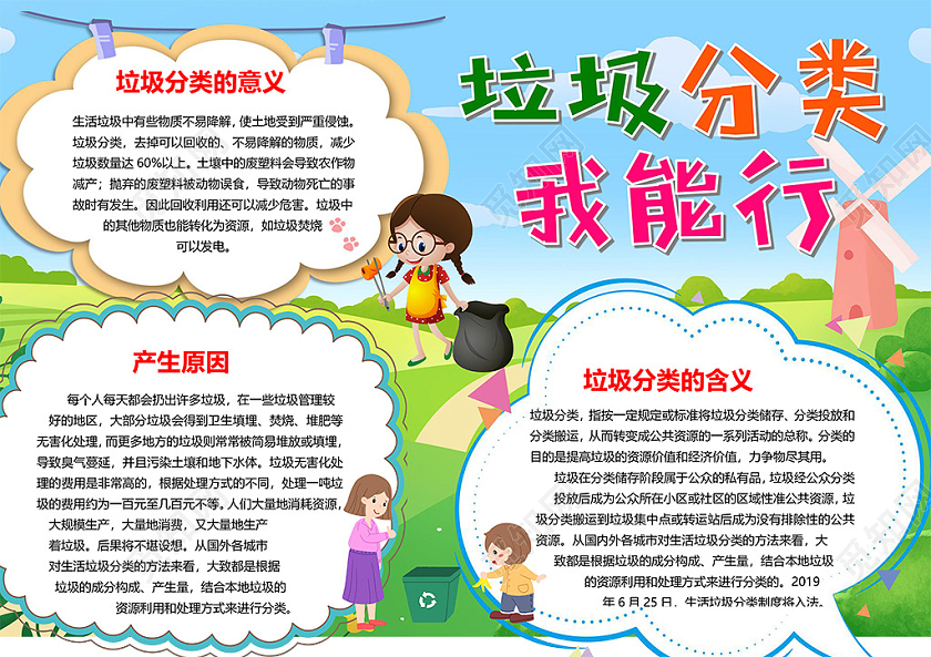 卡通垃圾分类我能行生活垃圾有害垃圾分类投放小报