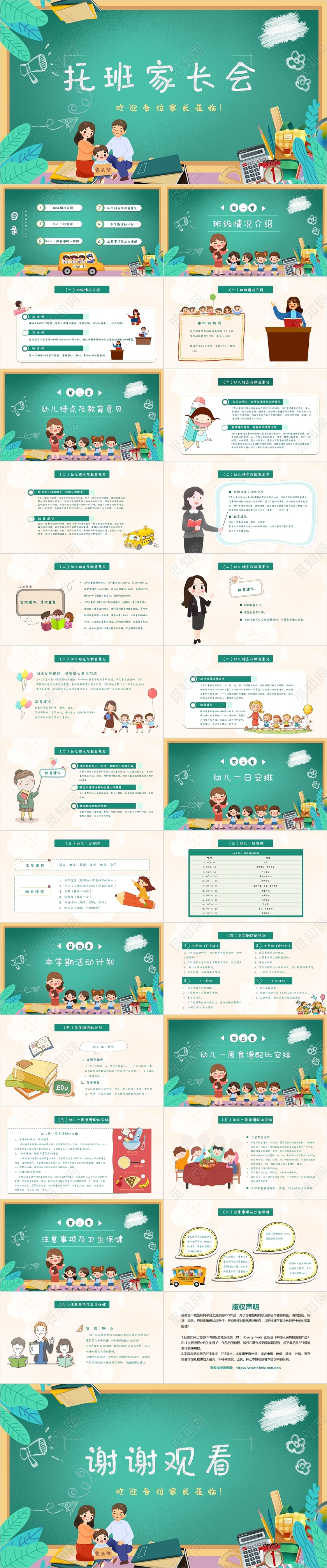 绿色卡通清新托班家长会幼儿园班会动态PPT模板