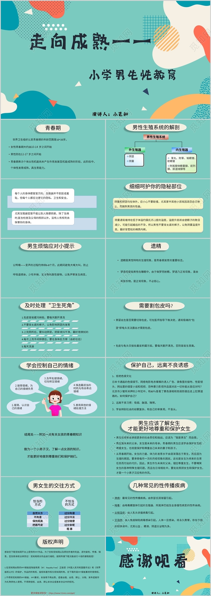 绿色卡通风说课课件小学男生性教育PPT模板