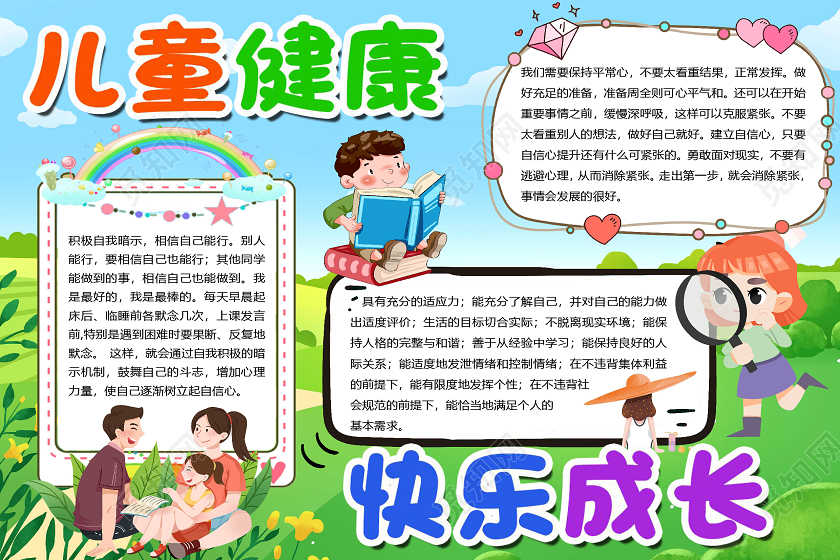 绿色卡通儿童健康快乐成长心理健康小报手抄报word模板