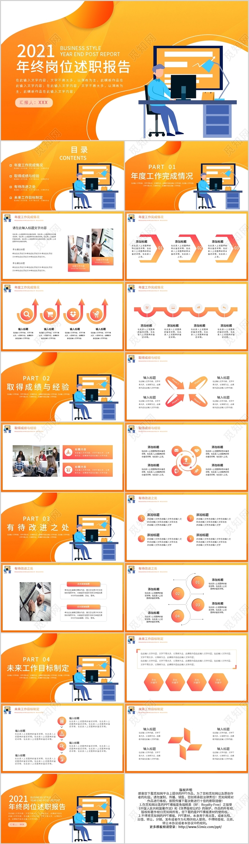 橙色扁平卡通风个人年终述职报告PPT模板宣传PPT动态PPT2021