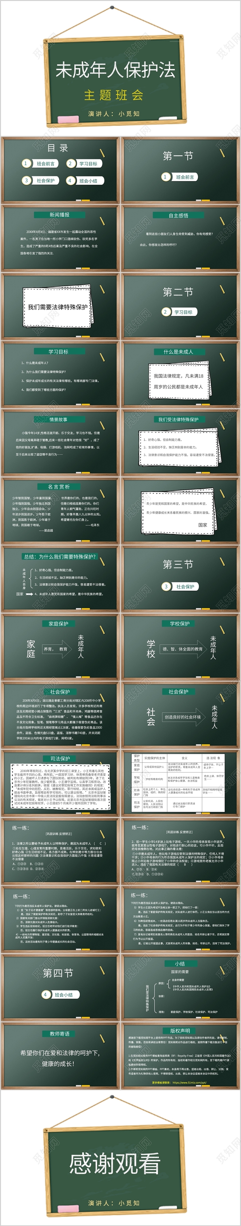 绿色简约风说课课件未成年人保护法PPT模板未成年保护法