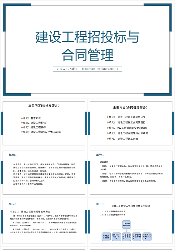 蓝色商务风合同管理建设工程招投标与合同管理PPT模板