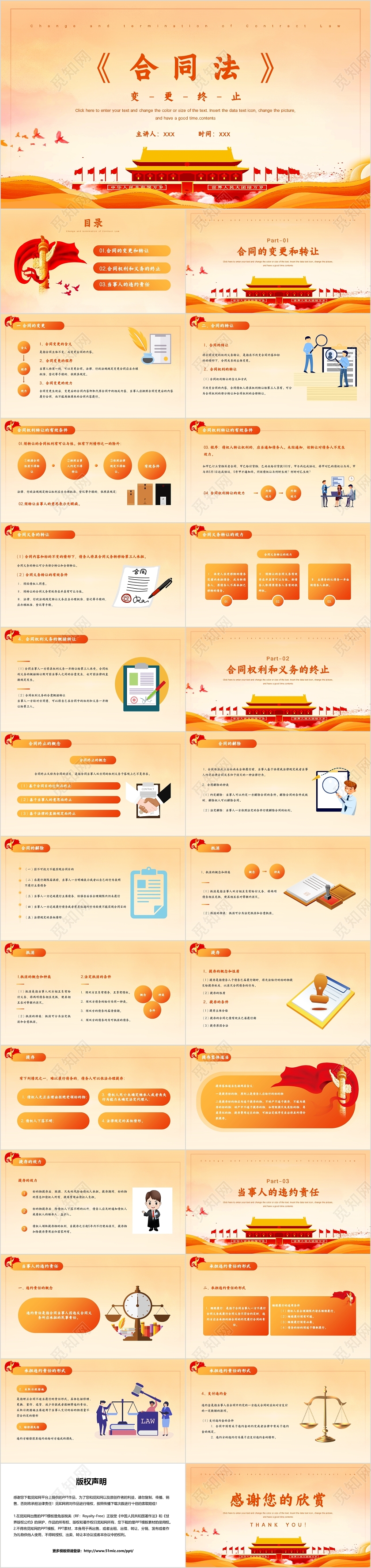红色简约党政风格合同法变更终止法律讲解PPT模板