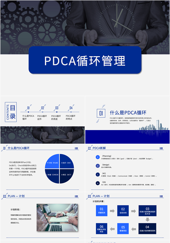 蓝色商务风PDCA循环管理公司团队管理PPT模板