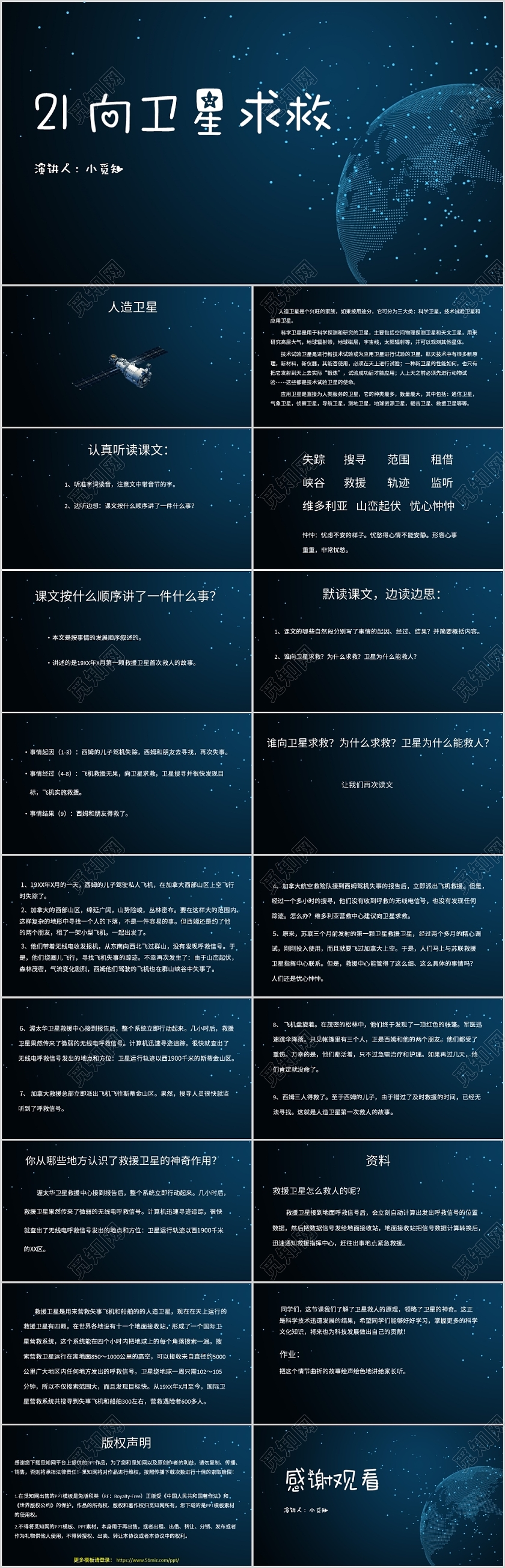 蓝色简约风说课课件向卫星求救PPT模板卫星PPT