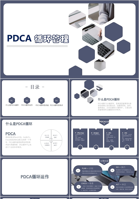 深蓝商务风管理流程介绍PDCA循环 PPT 模板