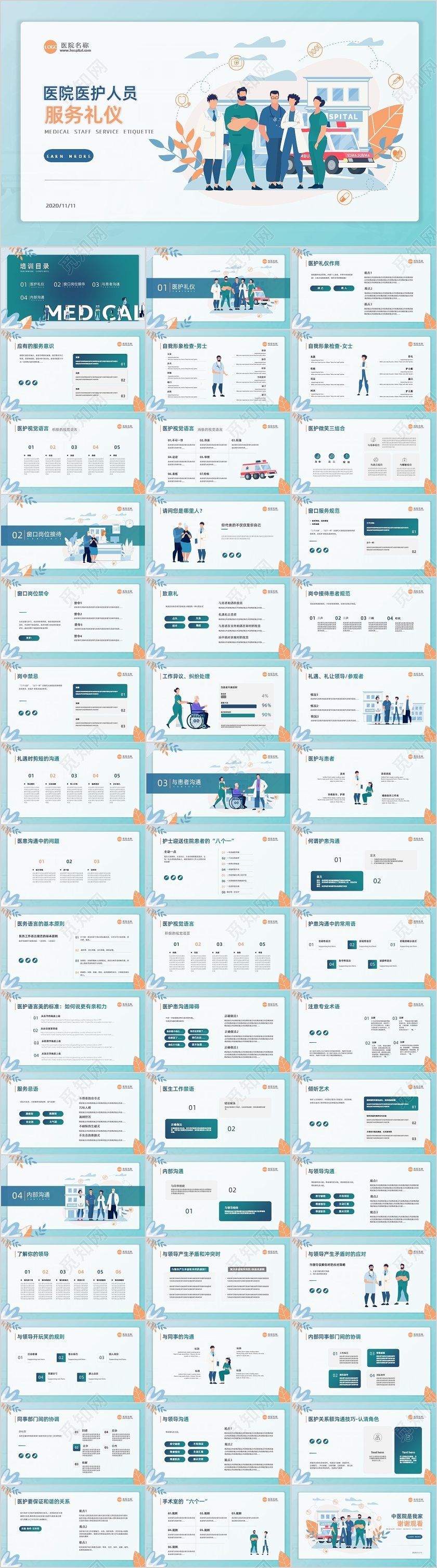 蓝绿插画风医务医护人员服务礼仪培训PPT模板