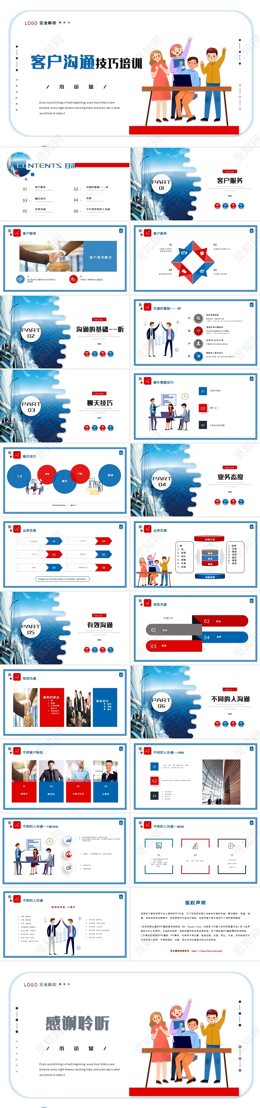 红蓝相间企业沟通文化培训之客户沟通技巧知识培训PPT模板