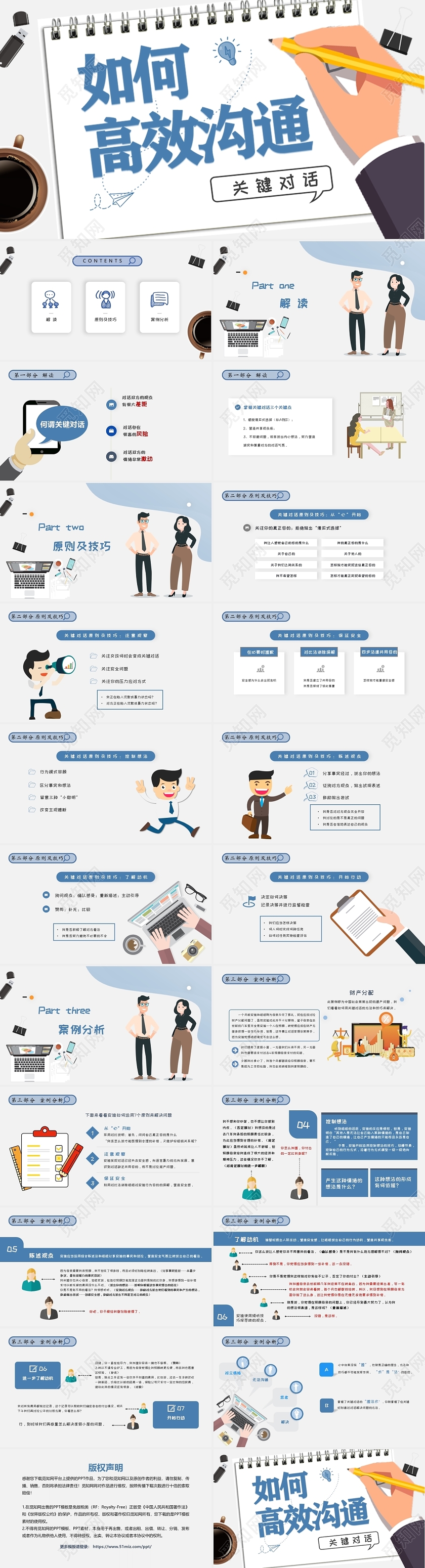 蓝色简约商务风卡通插画高效沟通之关键对话企业培训ppt