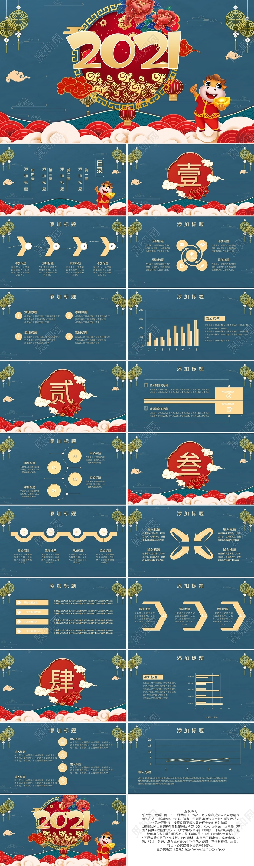 牛年总结汇报2021蓝色中国风PPT模板宣传PPT动态PPT2021牛年国潮