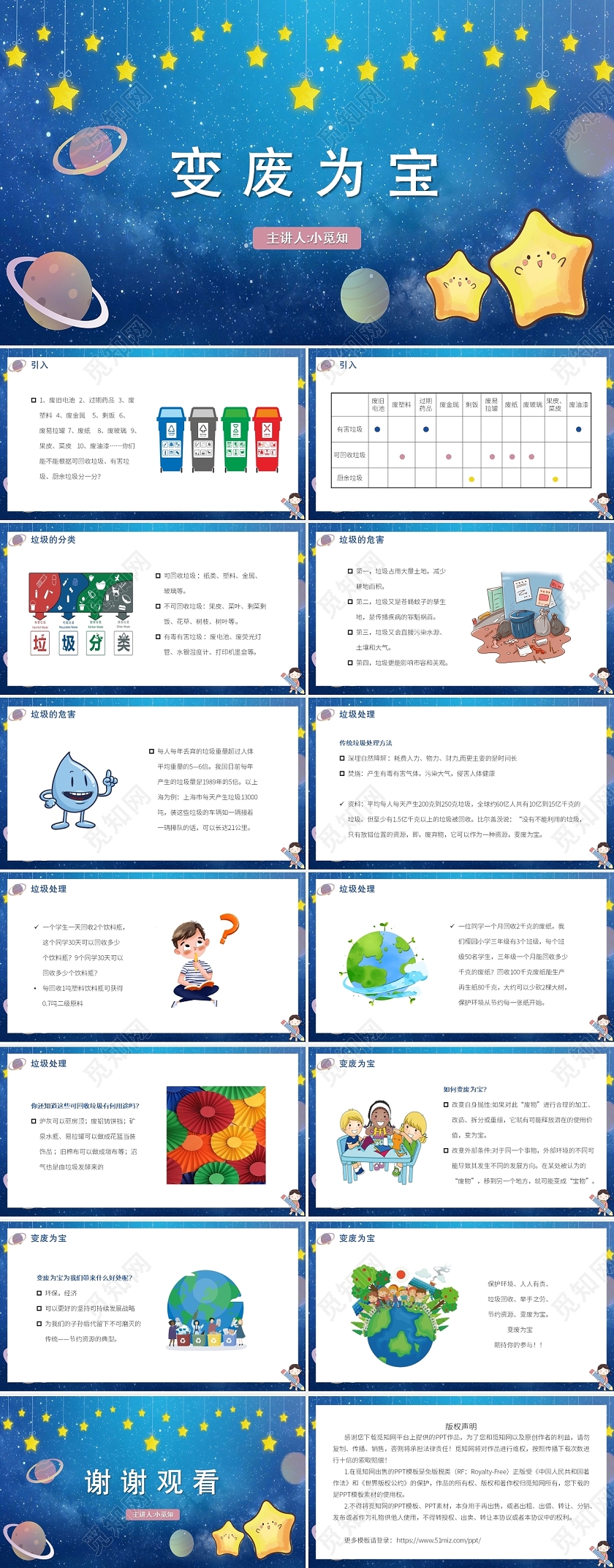 蓝色卡通风变废为宝变废为宝PPT模板小学课件主题班会