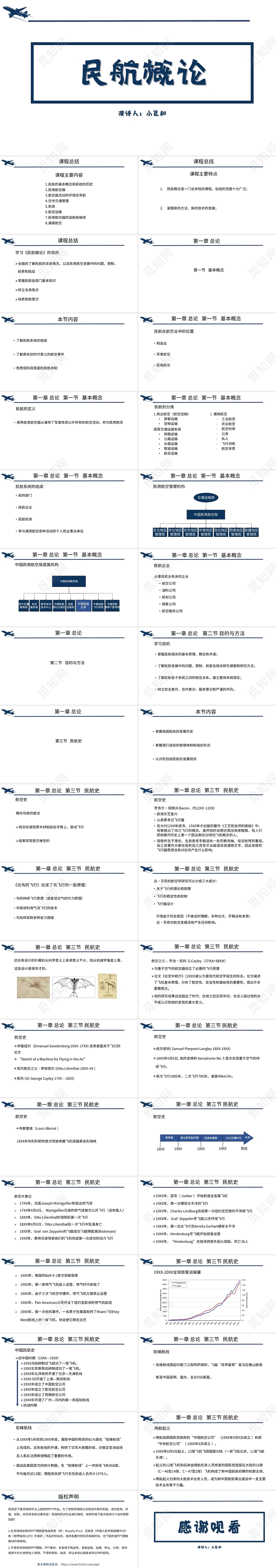 蓝色简约风说课课件民航概论PPT模板