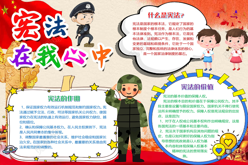 红色卡通宪法在我心中我与宪法国家宪法日小报手抄报word模板
