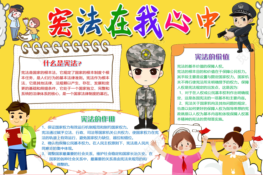 黄色卡通宪法在我心中我与宪法国家宪法日小报手抄报word模板